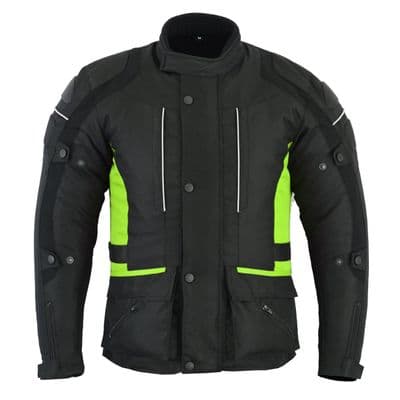 Mens Motorbike Motorcycle Long Jacket Textile Waterproof Off Black/Fluorecent