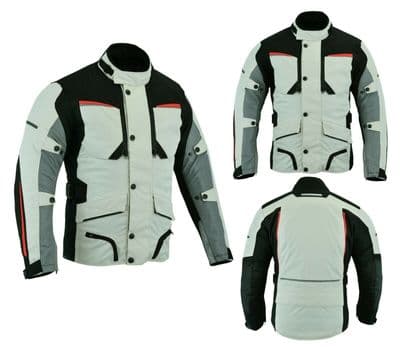 Mens Motorbike Motorcycle Long Jacket Textile Waterproof Off White/Grey Armoured
