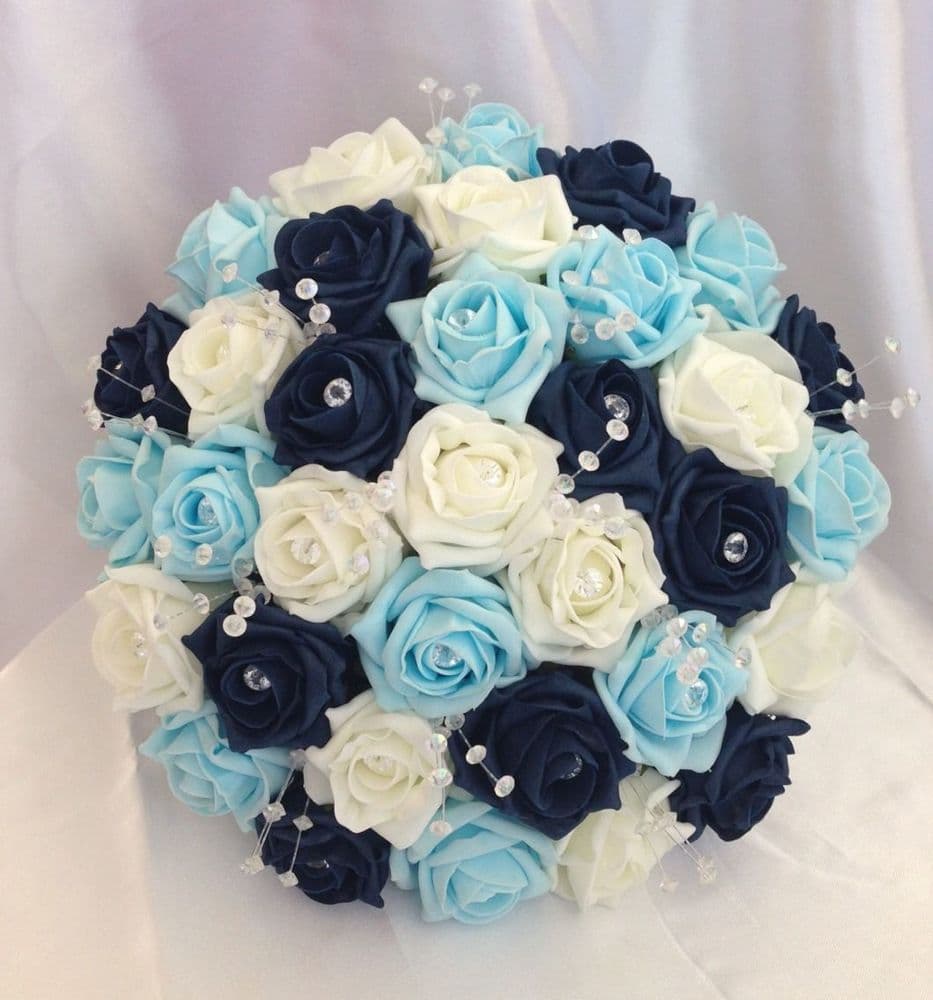 ARTIFICIAL FLOWERS NAVY BLUE/IVORY/LIGHT BLUE FOAM ROSE BRIDES WEDDING
