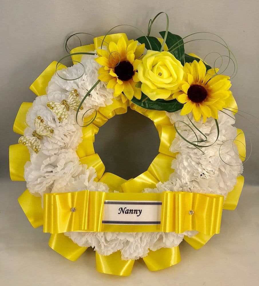 ARTIFICIAL YELLOW FLOWER RING WREATH MEMORIAL TRIBUTE FUNERAL GRAVE SUNFLOWER