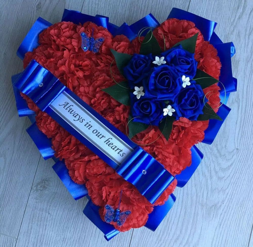 RED BLUE ROSES SILK FUNERAL FLOWERS HEART WREATH MEMORIAL GRAVE ARTIFICIAL