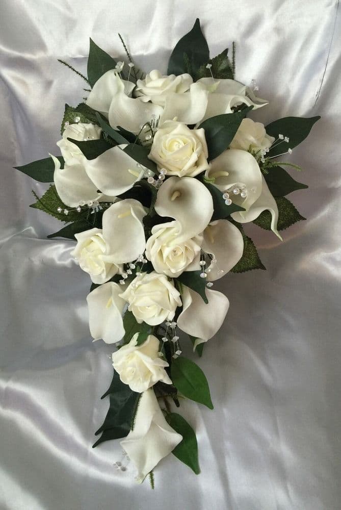 WEDDING FLOWERS IVORY CALLA LILY ROSE BRIDE SHOWER TEARDROP BOUQUET