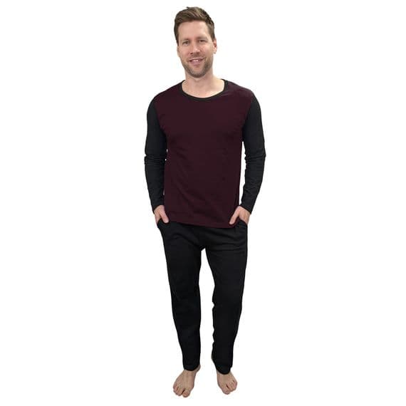 Mens Pyjama Set | 2-Tone Black & Burgundy | Long Sleeve | Location Clothing