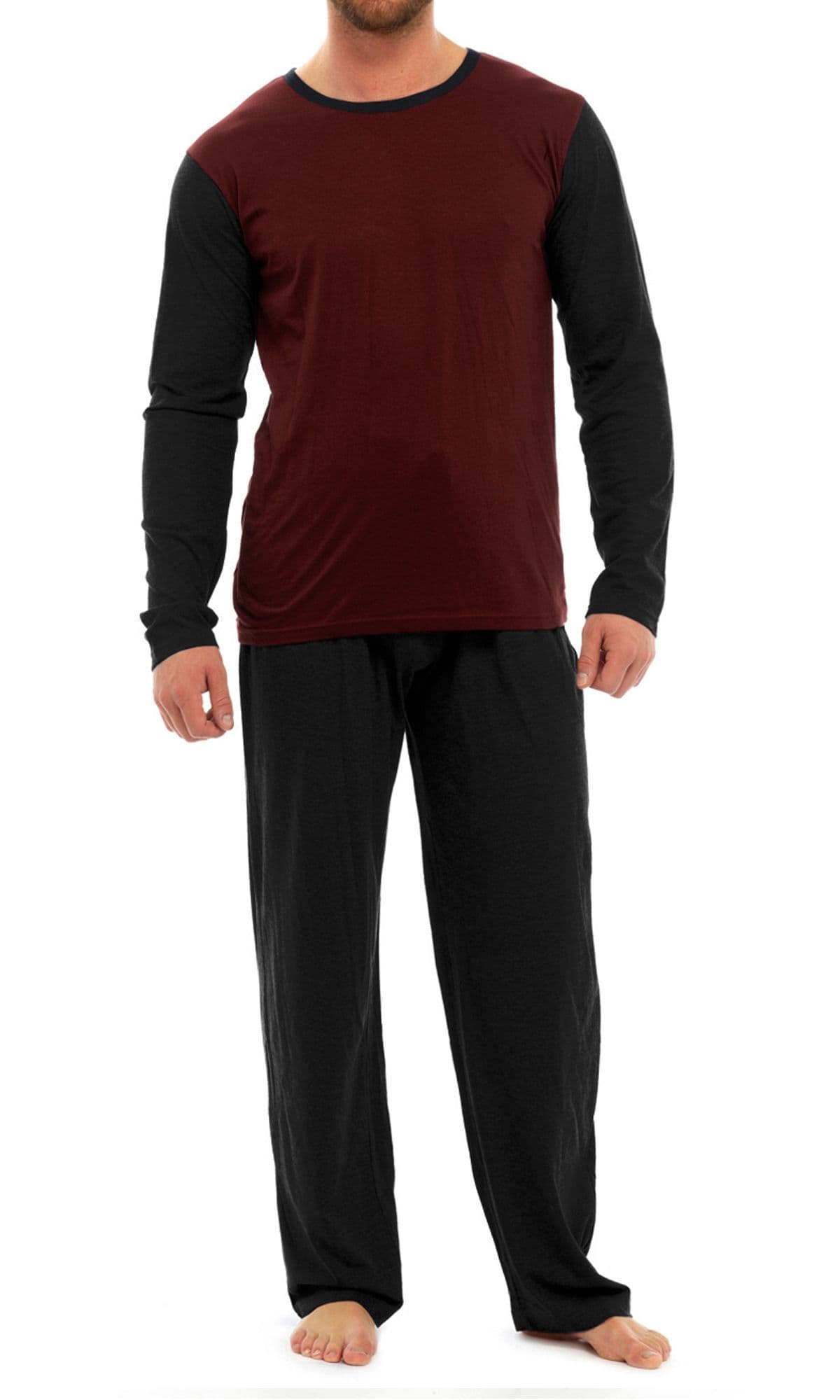 Mens Pyjama Set 2Tone Black & Burgundy Long Sleeve Location Clothing