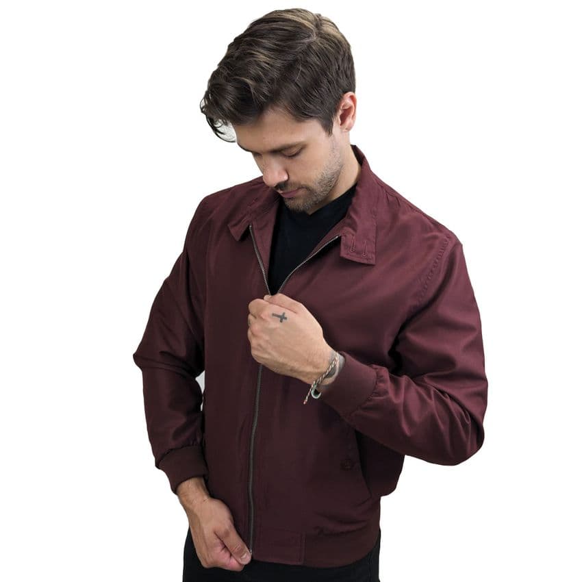 Men's Burgundy Jacket Tartan Lining Harrington Coat