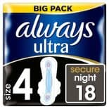 Always Ultra Sec Night Time Size 4 Sanitary Towels With Wings 18 Pack