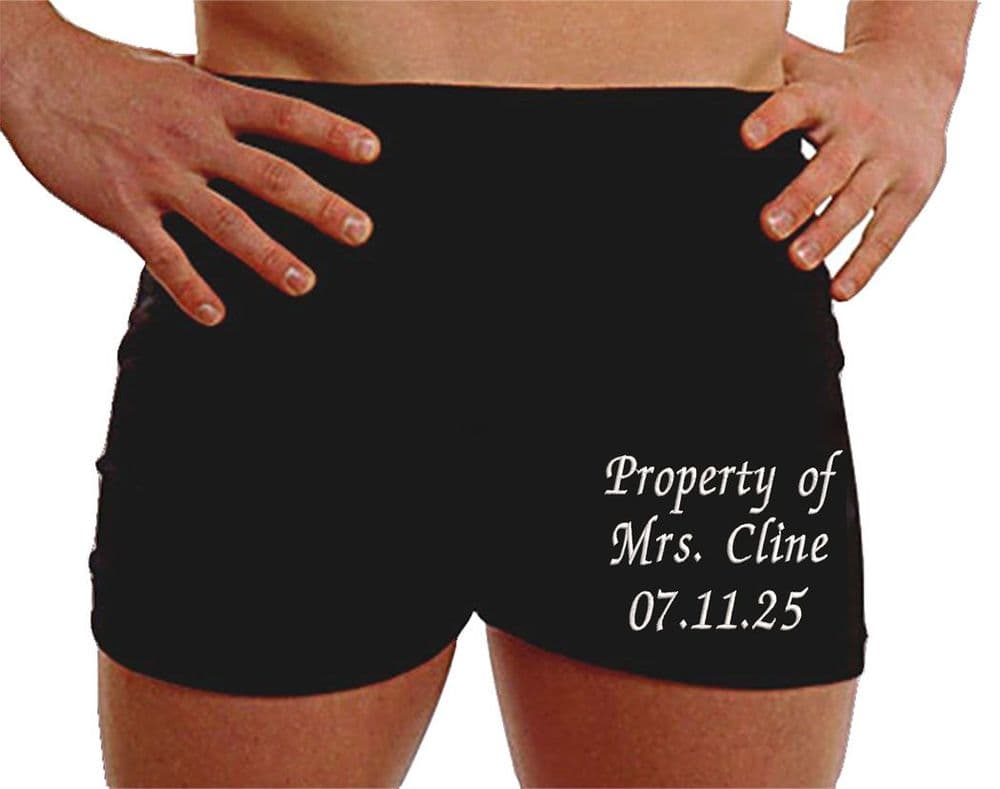 Personalised boxer shorts property of Mrs wedding gifts for husband embroided messages underwear