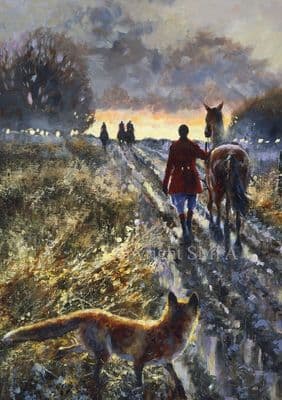 'Another Day' Fox and Horses in the Snow Blank Greetings Card  by Mick Cawston C746