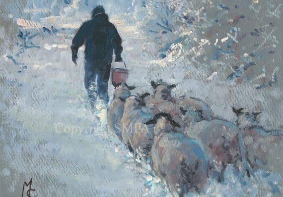 'Sheep Feeding Time' in the Snow Christmas Cards 'Feeding the Sheep' by Malcolm Coward C541X