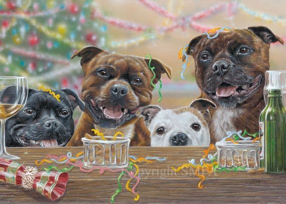 'Staff Christmas Party' Staffordshire Bull Terrier Print by Paul Doyle