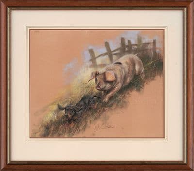 33. 'Sausage Dog' Original Dachshund and Pig Pastel by Mick Cawston