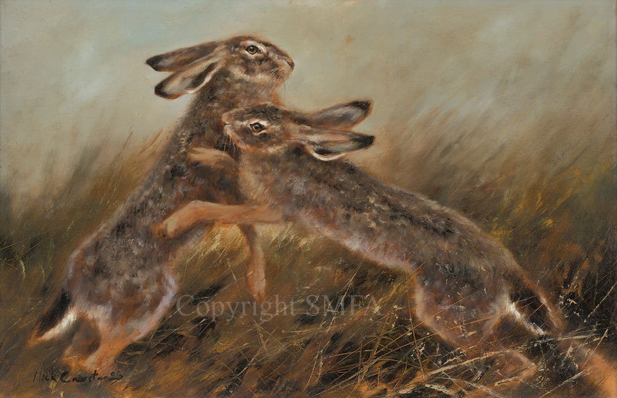 37 Boxing Hares Original painting by Mick Cawston