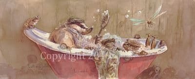 Badger In the Bathtub Humorous Limited Edition Print 'The Crowded Tub' by Jonathan Walker