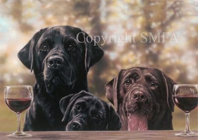 Black Chocolate Labrador Blank Greetings Card 'The Wine Buffs' by Paul Doyle C350