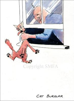 Cat Funny Blank Greetings Card 'Cat Burglar'  A 'Mal-Adjusted' Card by Malcolm Coward M014