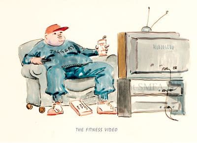 Funny Card of Lazy Man Watching TV Blank Greetings Card 'The Fitness Video' by Malcolm Coward D10