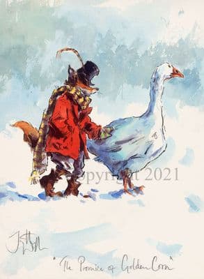 Funny fox Goose Pack of 10 Christmas Cards 'The Promise of Golden Corn' by Jonathan Walker C647X