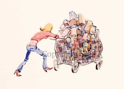 Funny Lady with a Full Shopping Cart Blank Greetings Card Shopping for 'The New Diet' D11
