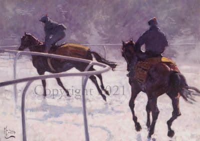 Horse Racing Blank Greetings Card 'Frosty Gallops' by Malcolm Coward C343