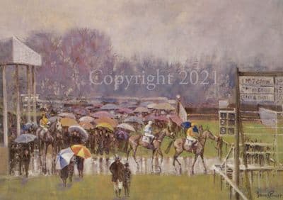 Horse Racing Cottenham Racecourse Blank Greetings Card 'Cottenham in The Rain' by James Power C87
