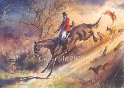 Hunting Humorous  Watercolour Original Painting 'Crashing Through' by Jonathan Walker