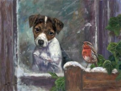 Jack Russell and Robin Blank Greetings Card by John Trickett C510