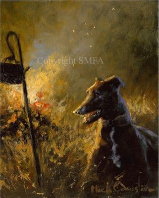 Lurcher Open Edition Print 'By the Warmth of the Fire' by Mick Cawston