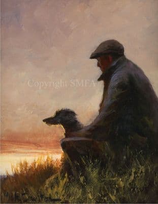 Lurcher Open Edition Print 'One Man and His Dog' by Mick Cawston