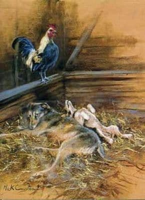 Lurcher Terrier Chicken Blank Greetings Card 'Early Morning Call' by Mick Cawston B133