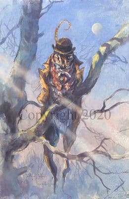 Owl Humorous Original  Watercolour Painting 'December Day' by Jonathan Walker