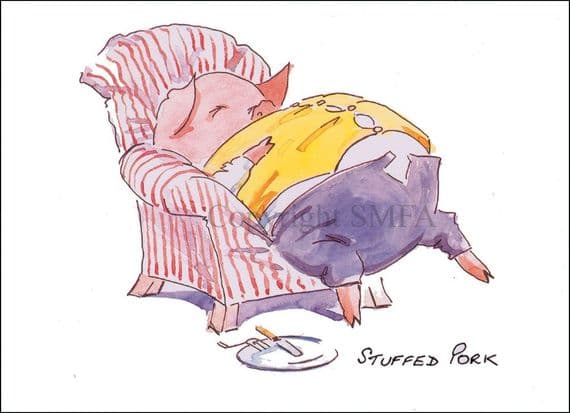 Pig Funny Blank Greetings Card 'Stuffed Pork' by Malcolm Coward M004