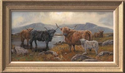 SOLD  'Here's Looking at Moo' Original Highland Cow painting by John Trickett