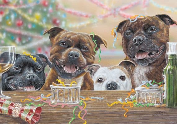 Staff Christmas Party' Pack of 10 Staffordshire Bull Terrier Christmas Cards by Paul Doyle C721x
