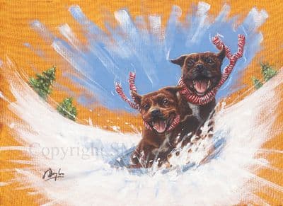 Staffordshire Bull Terrier Pack of 10 Christmas Cards 'Staff Board' by Paul Doyle C619X