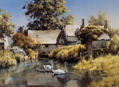 Water Mill and Swans Blank Greetings Card 'The Old Water Mill' by Dennis Rothwell Bailey C44