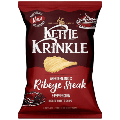 KETTLE KRINKLE Aberdeen Angus Rib Eye Steak & Peppercorn Ridged Crisps 18x40g