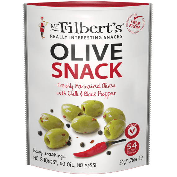 MR FILBERTS Green Olives Chilli & Black Pepper 12x50g