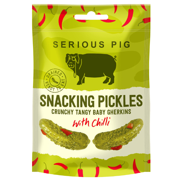 SERIOUS PIG Snacking Pickles With Chilli Crunchy Tangy Baby Gherkins 24x40g