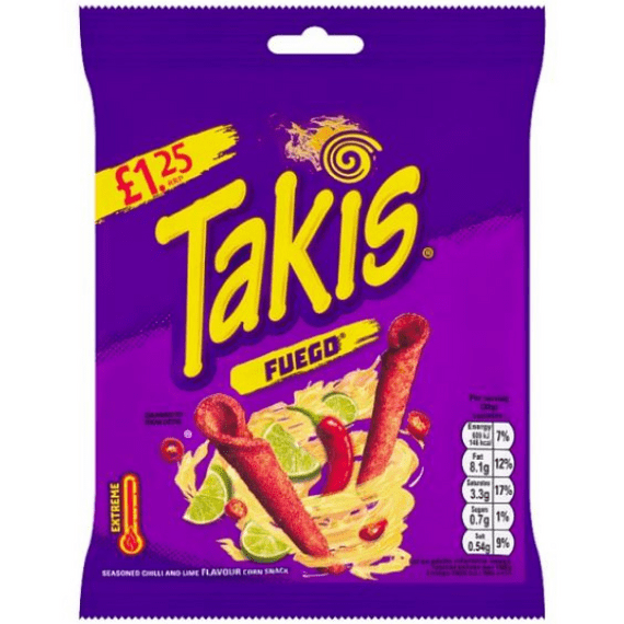 TAKIS Fuego Chilli & Lime Flavour Fried Corn Snack PM £1.25 21x55g