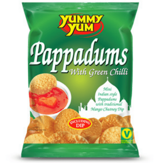 YUMMY YUM Pappadums With Green Chilli Including Mango Chutney Dip 12x90g