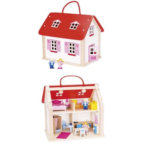 Goki Suitcase Wooden Dolls House With Accessories 24 Pieces And Carry Handle