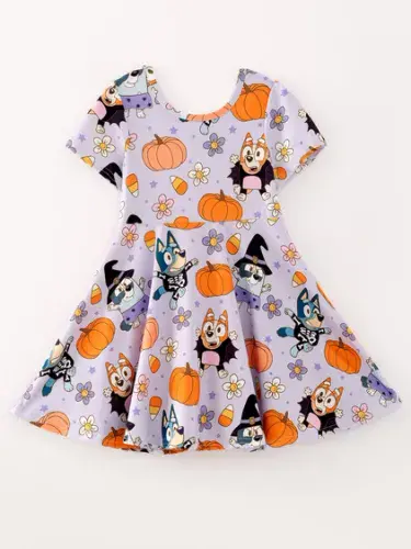 Halloween:  Cartoon Girls  Pumpkin Print  Milk Silk Dress For Age 2 Years