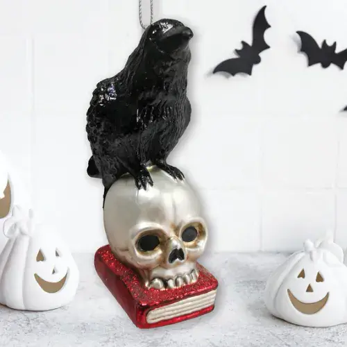 Halloween: Raven On Skull & Book Glass Ornament