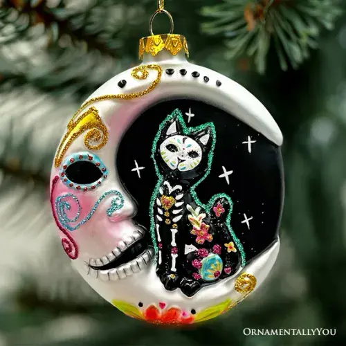 Halloween: Siamese Cat Sugar Skull Glass Ornament