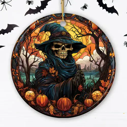 Halloween Skeletal Sorcery Stained Glass Style Ceramic Ornament