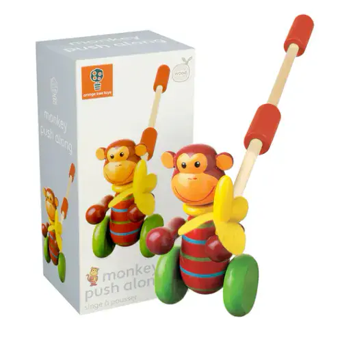 Orange Tree Toys Monkey Wooden Push Along  Toy  For  Ages 1-3 Years