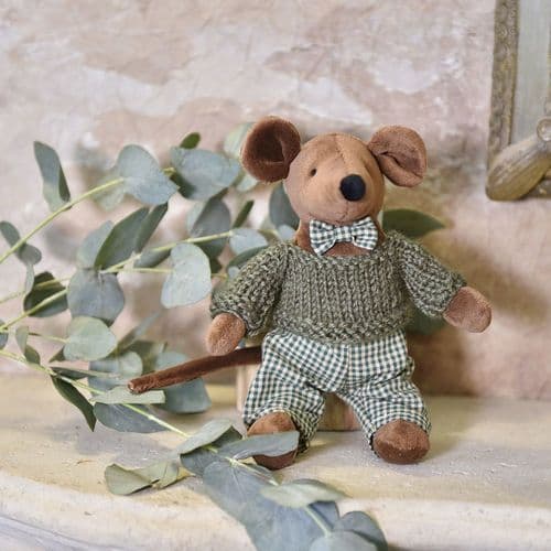 Soft Mouse With Green Gingham Trousers & Hand Kniited Jumper