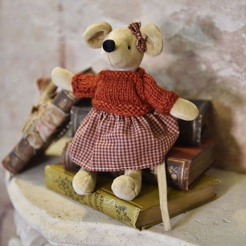 Soft Mouse With Red Gingham Skirt &  Hand Knitted Jumper