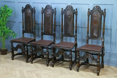 4 Antique Spanish Revival Oak Embossed Leather Cane Seat Tall Back Dining Chairs