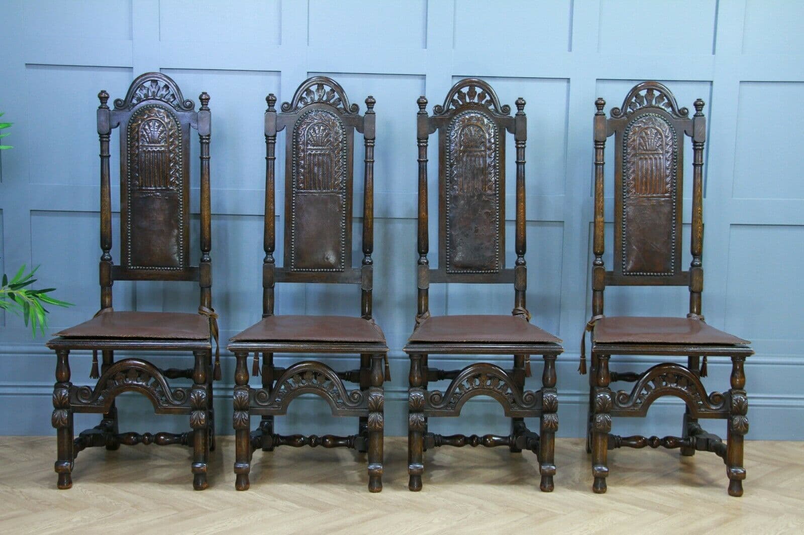 Antique Spanish Revival Oak Embossed Leather Cane Seat Tall Back